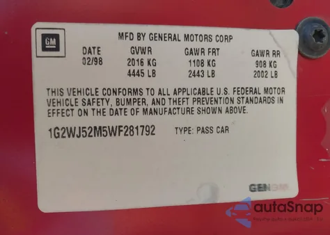 1998 Pontiac Grand Prix Se z USA, uszkodzony, nr VIN 1G2WJ52M5WF281792